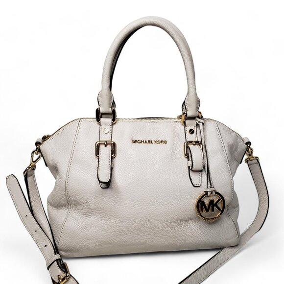 Michael Kors Satchel Bag Women’s Ciara Cream Pebble Leather Gold Trim Slouchy - Picture 2 of 12